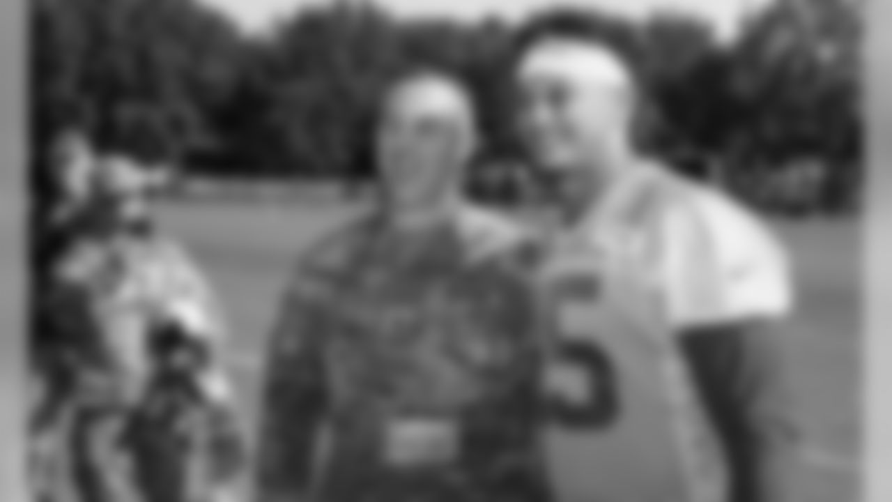 Military members with Kansas City Chiefs Quarterback Patrick Mahomes (15) during a 2019 Training Camp practice at Missouri Western State University in St. Joseph, MO