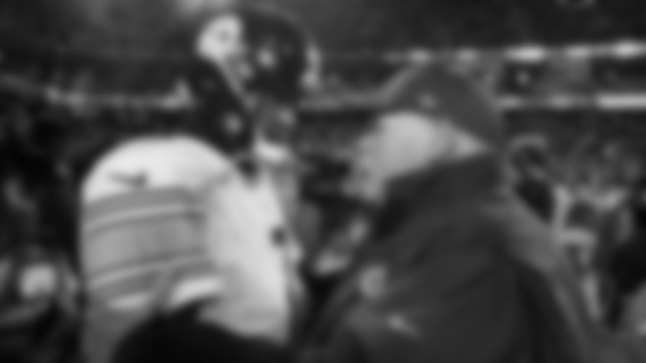 Pittsburgh Steelers quarterback Ben Roethlisberger (7) greats Kansas City Chiefs head coach Andy Reid after the wildcard playoff football game against the Pittsburgh Steelers, Sunday, January 16, 2022 in Kansas City.