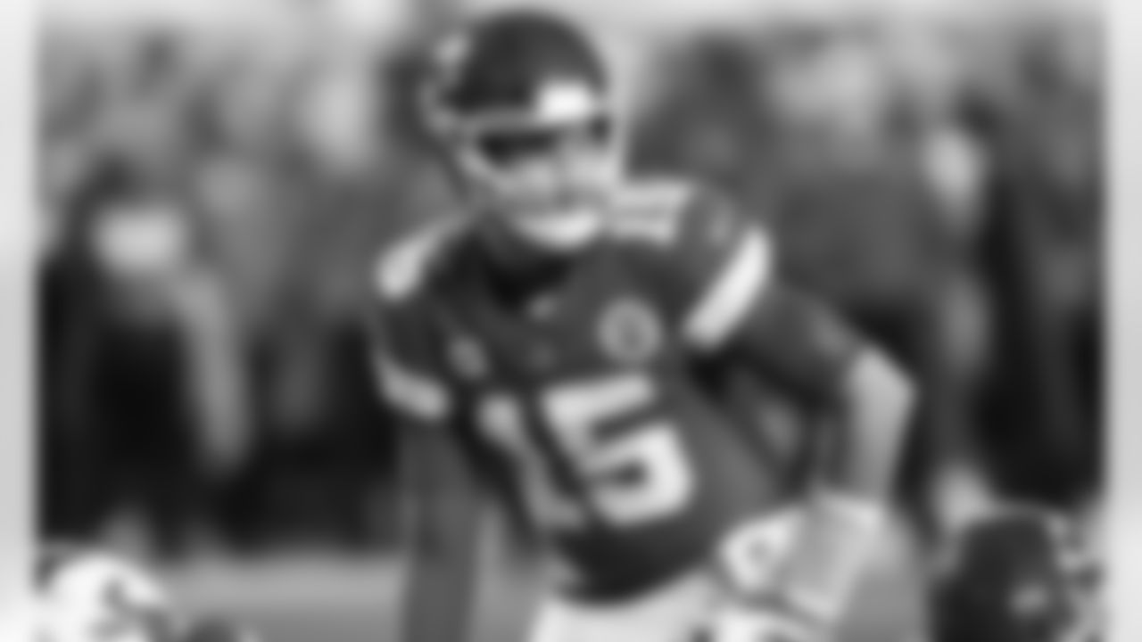 Kansas City Chiefs Quarterback Patrick Mahomes (15) pre-snap during an NFL AFC Championship Playoff game against the Buffalo Bills, Sunday, January 24, 2021 in Kansas City.