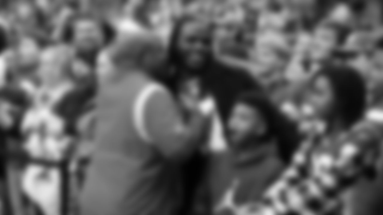 Kansas City Chiefs Offensive Coordinator Eric Bieniemy and Jamaal Charles prior to an NFL football game against the Houston Texans, Sunday, December 18, 2022 in Houston.