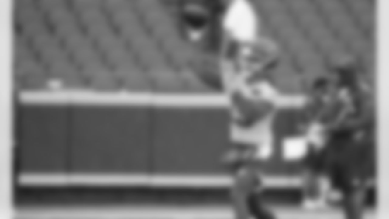 Kansas City Chiefs quarterback Patrick Mahomes (15) during Season Ticket Member Day at training camp practice at Arrowhead Stadium on August 29, 2020.