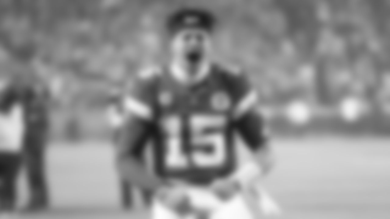 Kansas City Chiefs quarterback Patrick Mahomes (15) prior to the wildcard playoff football game against the Pittsburgh Steelers, Sunday, January 16, 2022 in Kansas City.