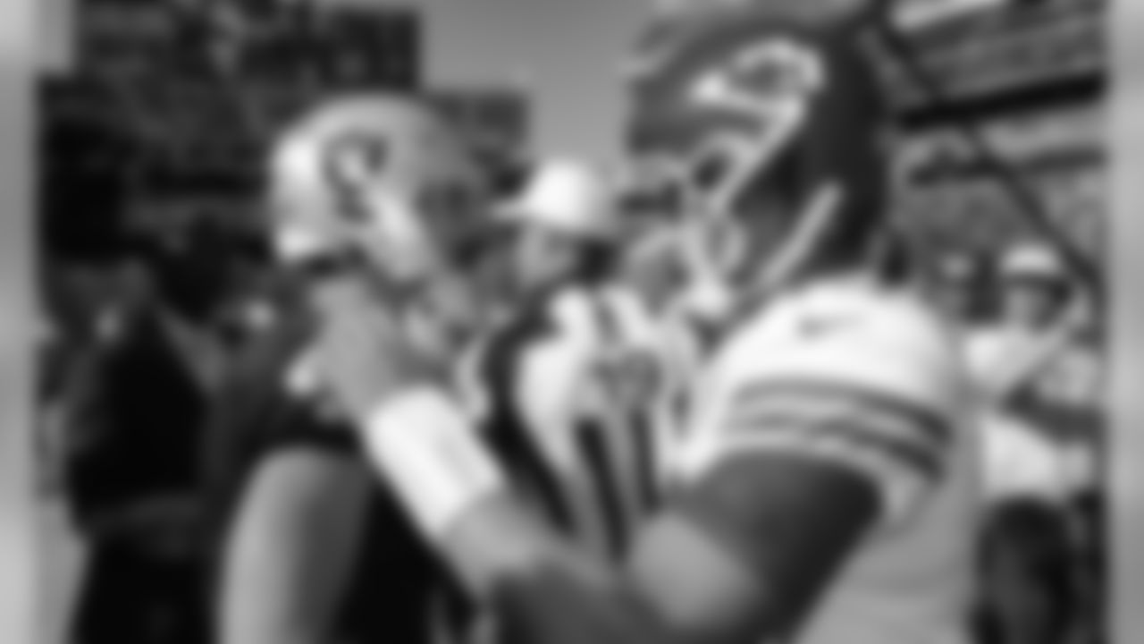 Oakland Raiders Quarterback Derek Carr (4) and Kansas City Chiefs Quarterback Patrick Mahomes (15) shake hands after the game between the Kansas City Chiefs and the Oakland Raiders at Oakland-Alameda County Coliseum in Oakland, CA.