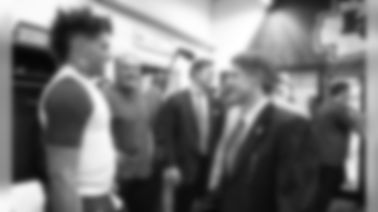 Kansas City Chiefs Chairman, CEO, and Owner Clark Hunt and Quarterback Patrick Mahomes (15) after the game between the Kansas City Chiefs and the Los Angeles Chargers at Estadio Azteca, November 18, 2019