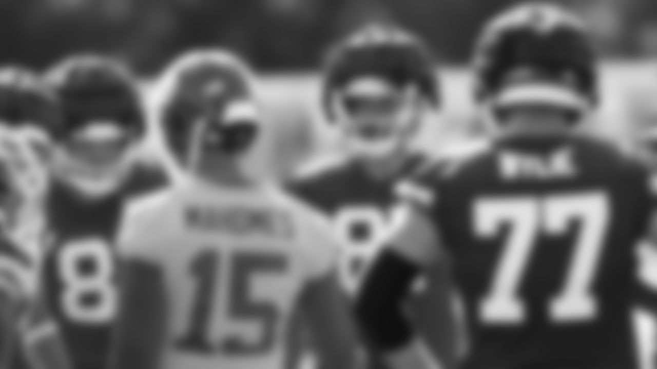 Kansas City Chiefs tight end Travis Kelce (87) in an offensive huddle during training camp at Missouri Western State University.