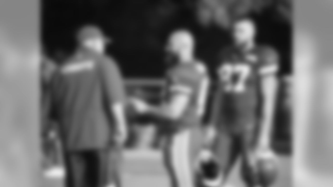 Kansas City Chiefs head coach Andy Reid and running back Anthony Sherman (42) during practice on 08/06/18 at Chiefs Training Camp at Missouri Western State University in St. Joseph, Missouri.