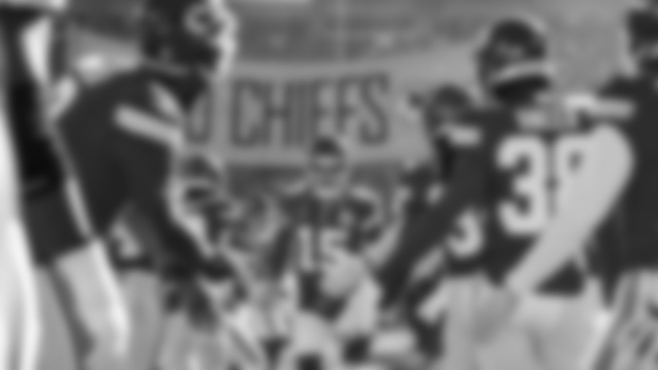 Kansas City Chiefs quarterback Patrick Mahomes (15) runs on to the field prior to an NFL Football game against the Jacksonville Jaguars, Sunday, November 13, 2022 in Kansas City.