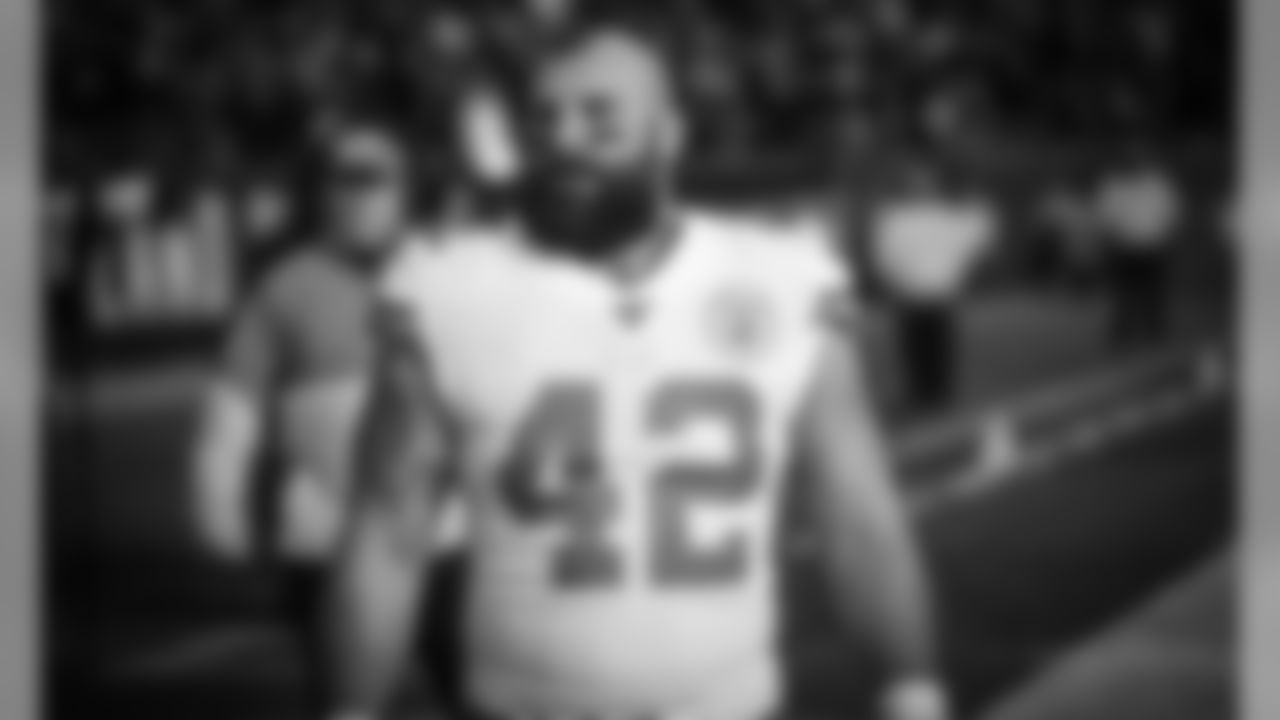 Kansas City Chiefs Fullback Anthony Sherman (42) prior to the game between the Kansas City Chiefs and the New England Patriots on December 8, 2019.