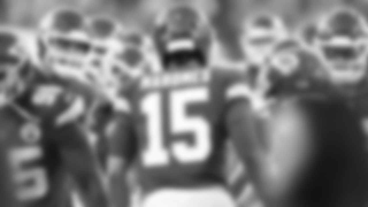 Kansas City Chiefs quarterback Patrick Mahomes (15) during introductions prior to an NFL football game against the Green Bay Packers, Sunday, November 7, 2021 in Kansas City.