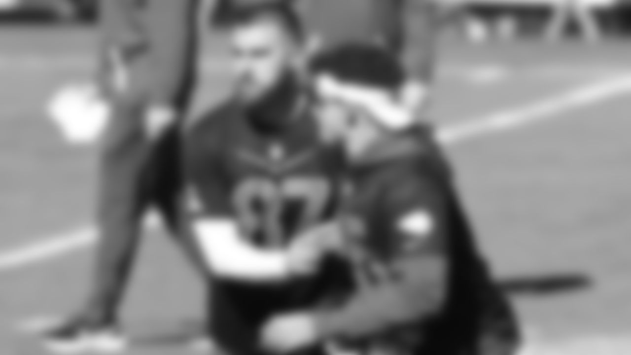 Kansas City Chiefs tight end Travis Kelce (87) and Patrick Mahomes during the 2022 NFL Pro Bowl practice on Friday February 4, 2022