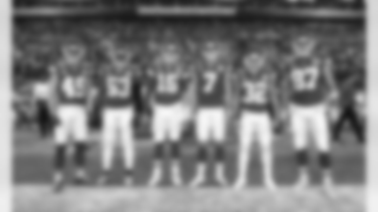 Kansas City Chiefs Captains for Super Bowl LV against the Tampa Bay Buccaneers - Safety Daniel Sorensen (49), Linebacker Anthony Hitchens (53), Quarterback Patrick Mahomes (15), Kicker Harrison Butker (7), Safety Tyrann Mathieu (32), Tight End Travis Kelce (87) before the game at Raymond James Stadium in Tampa, FL.