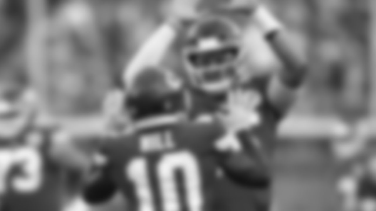Kansas City Chiefs wide receiver Tyreek Hill (10) celebrates with Kansas City Chiefs quarterback Patrick Mahomes (15) after a touchdown during a NFL preseason football game against the Minnesota Vikings, Friday, August 27, 2021 in Kansas City.