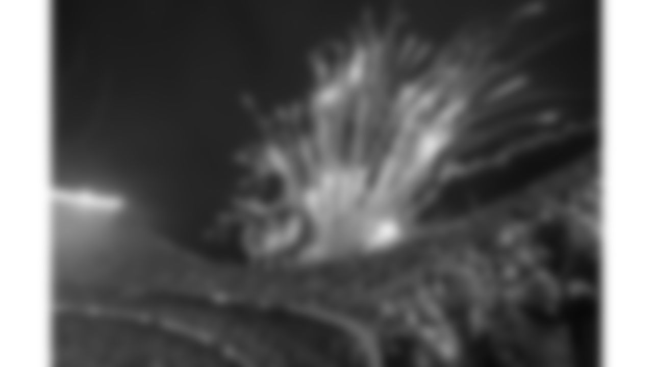 Fireworks go off in the stadium prior to an NFL football game against the New York Giants, Monday, November 1, 2021 in Kansas City.