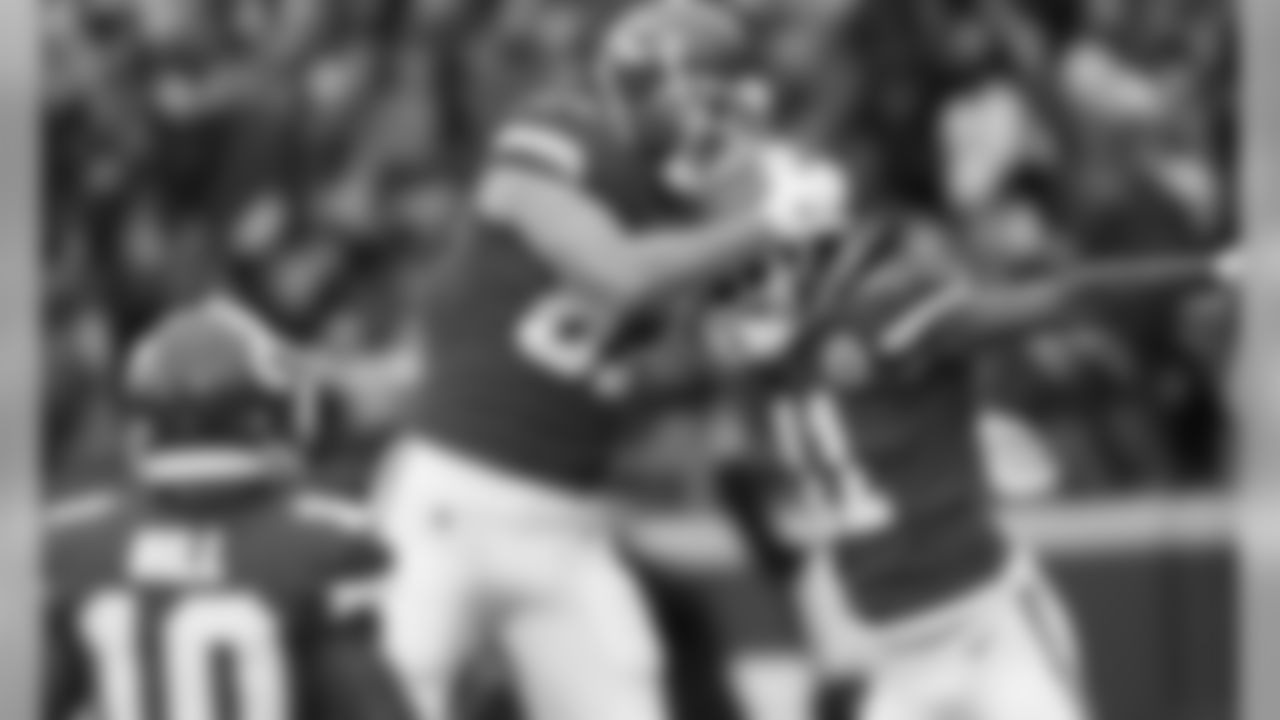 Kansas City Chiefs Tight End Travis Kelce (87) and Kansas City Chiefs Wide Receiver Demarcus Robinson (11) during the game between the Kansas City Chiefs and the Los Angeles Chargers at Arrowhead Stadium.