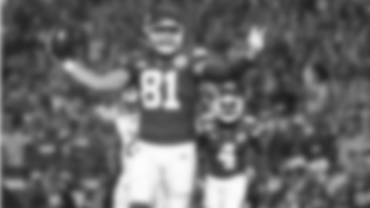 Kansas City Chiefs tight end Blake Bell (81) celebrates in the end zone during the Week 1 NFL Football Game against the Detroit Lions on September 7, 2023 at GEHA Field at Arrowhead Stadium.