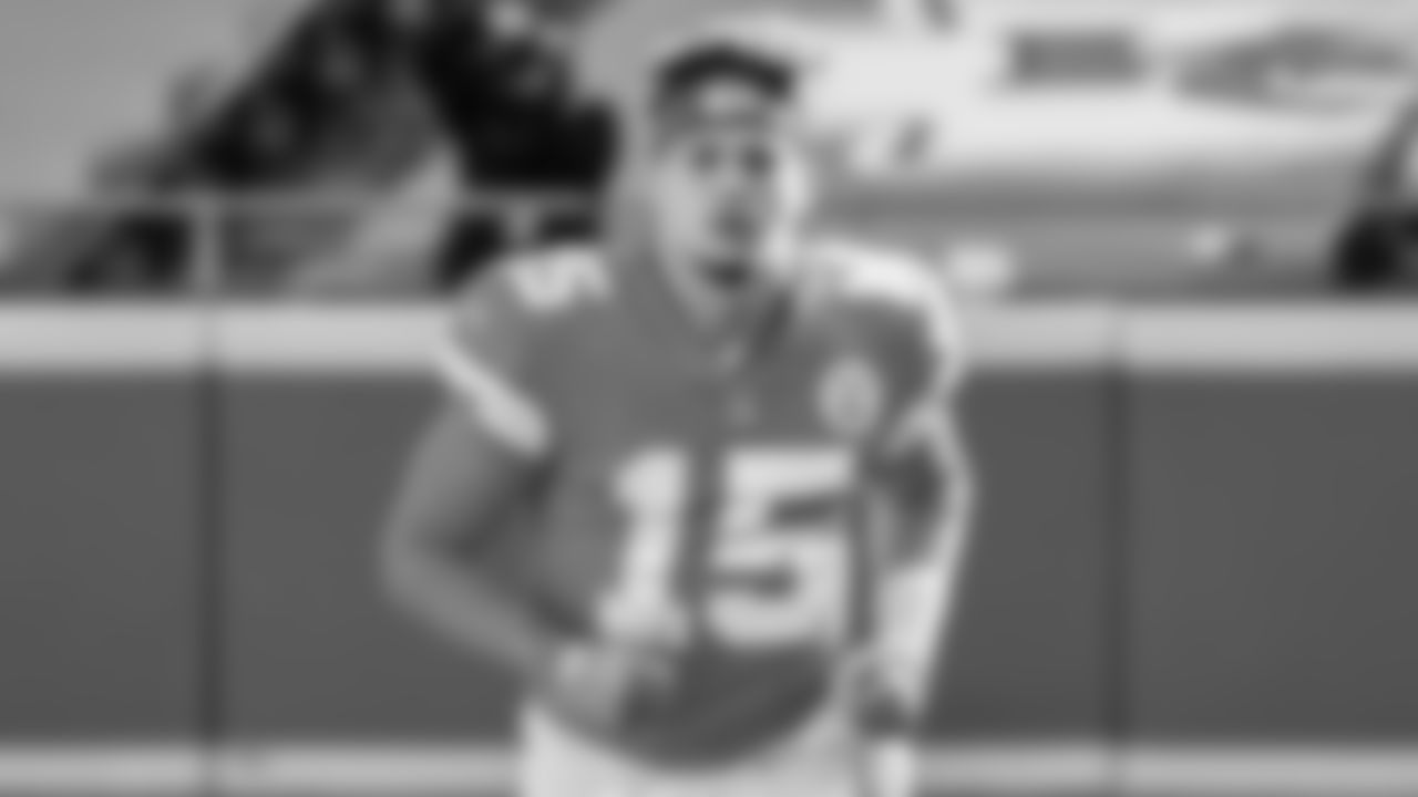 Kansas City Chiefs Quarterback Patrick Mahomes (15) warming up prior to an NFL Football game against the Atlanta Falcons, Sunday December 27, 2020 in Kansas City.