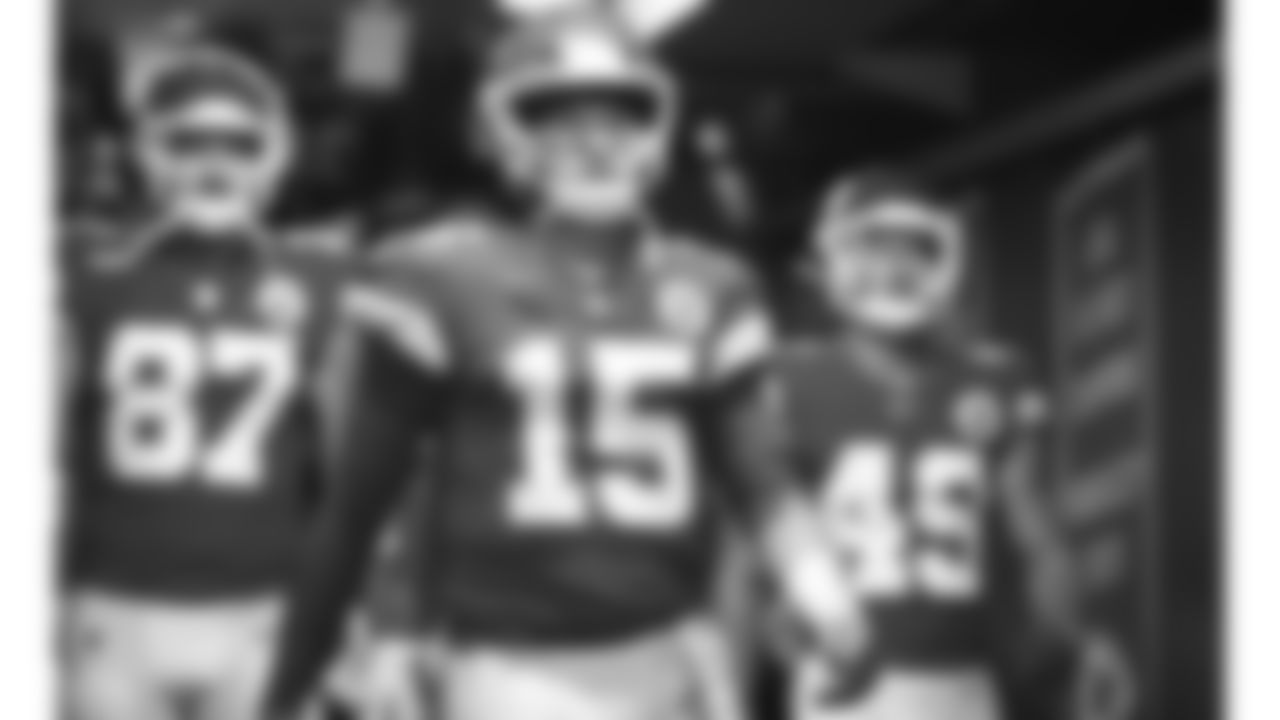 Kansas City Chiefs quarterback Patrick Mahomes (15) prior to an NFL football game against the Green Bay Packers, Sunday, November 7, 2021 in Kansas City.
