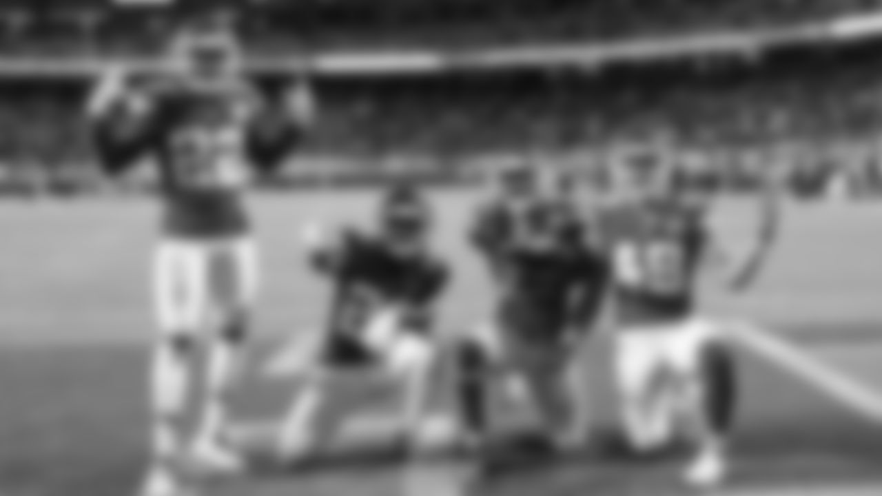 The Kansas City Chiefs defensive backs celebrate an interception during an NFL football game against the New England Patriots, Monday, Oct. 5, 2020 in Kansas City.