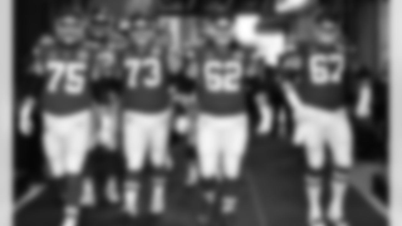 Kansas City Chiefs Offensive Lineman Mike Remmers (75), Lineman Nick Allegretti (73), Offensive Lineman Austin Reiter (62), Offensive Lineman Daniel Kilgore (67) head to the field for Super Bowl LV against the Tampa Bay Buccaneers, Sunday, Feb. 7th 2021 at Raymond James Stadium in Tampa, FL.