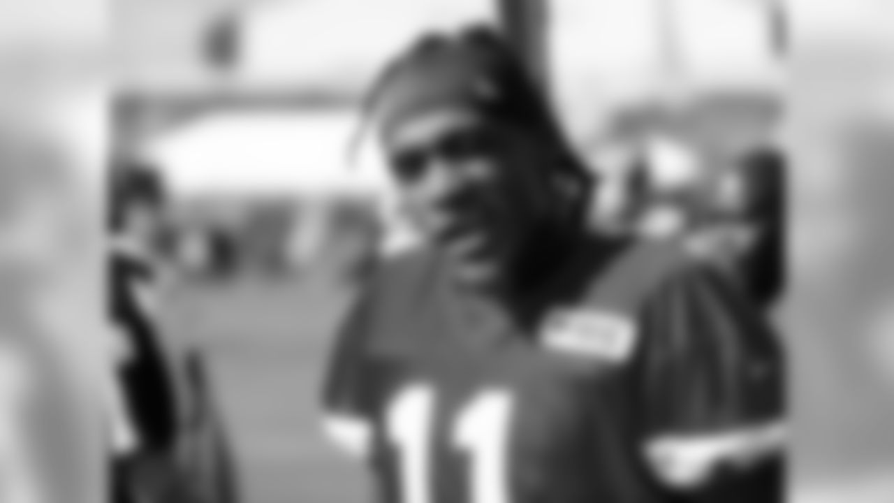 Kansas City Chiefs wide receiver Demarcus Robinson (11) gives the camera a wink during practice 7/27/18 at Chiefs Training Camp at Missouri Western State University in St Joseph, Missouri
