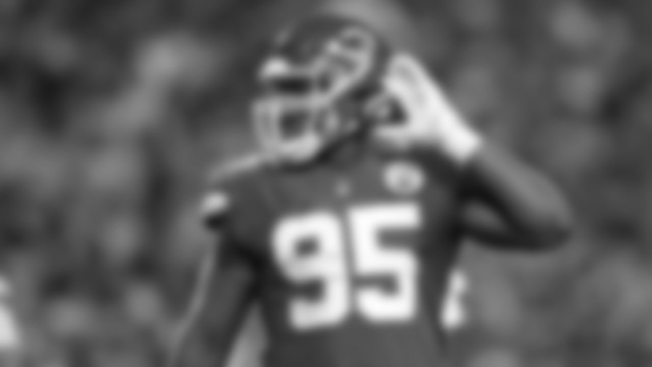 Kansas City Chiefs defensive end Chris Jones (95) puts his hand to his ear to get the crowd going during an NFL football game against the Las Vegas Raiders, Monday October 10, 2022.