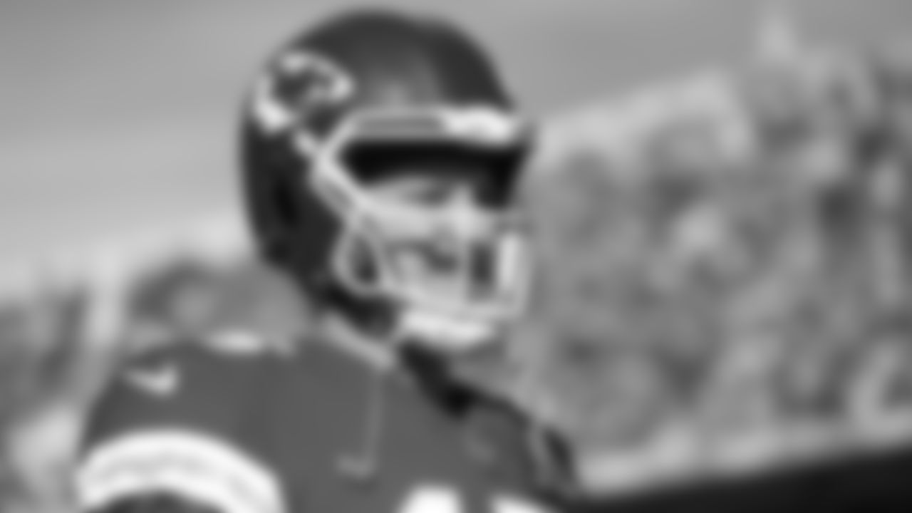 Kansas City Chiefs quarterback Patrick Mahomes (15) with a smile prior to an NFL football game against the Denver Broncos, Sunday January 1, 2023 in Kansas City.