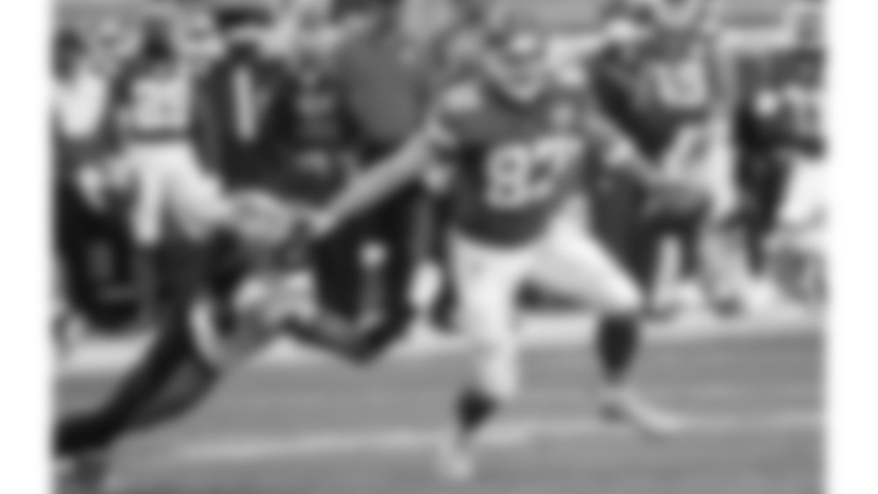 Kansas City Chiefs Tight End Travis Kelce (87) uses a stiff arm while running with the ball during an NFL Football game against the Carolina Panthers, Sunday November 8, 2020 in Kansas City.