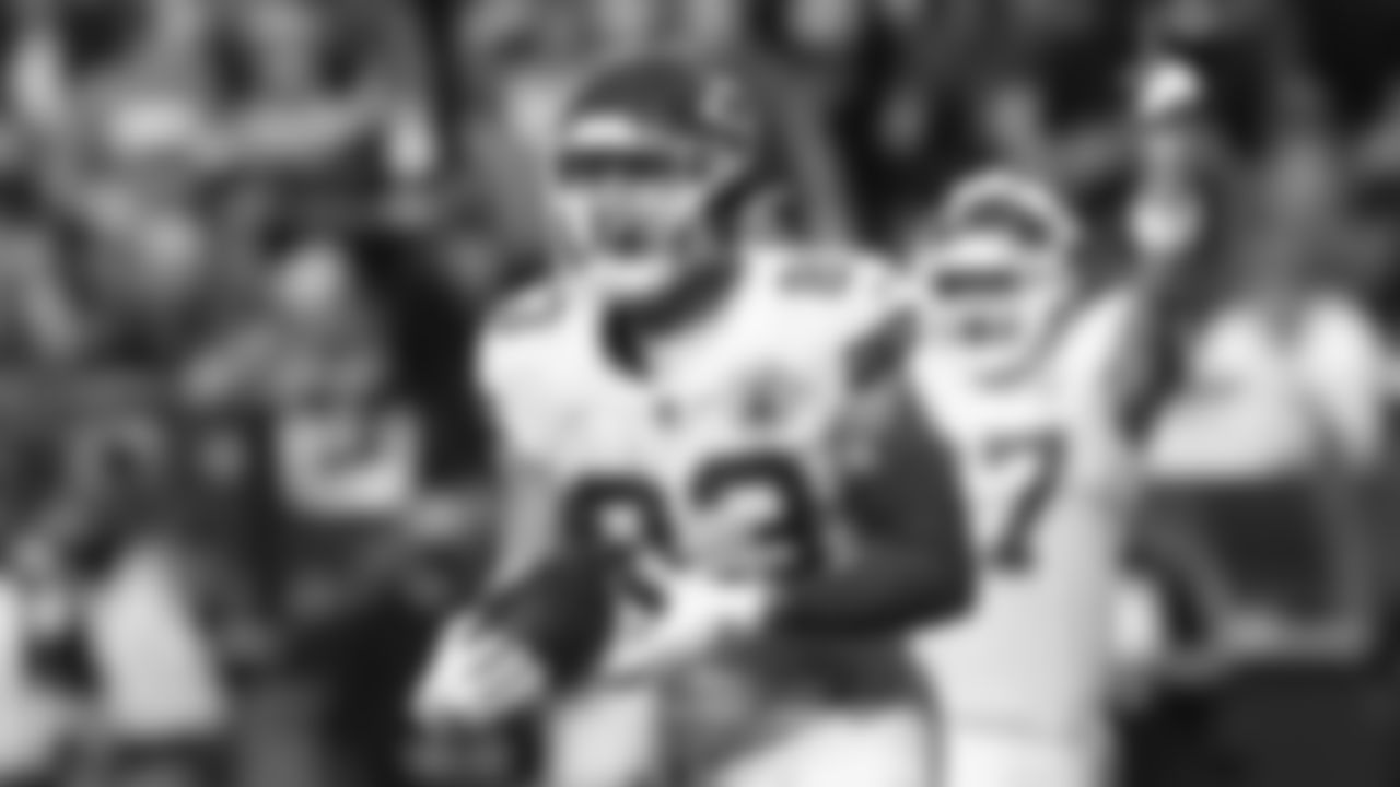 Kansas City Chiefs tight end Noah Gray (83) celebrates his first career NFL touchdown during an NFL football game against the Las Vegas Raiders, Sunday, November 14, 2021 in Las Vegas.