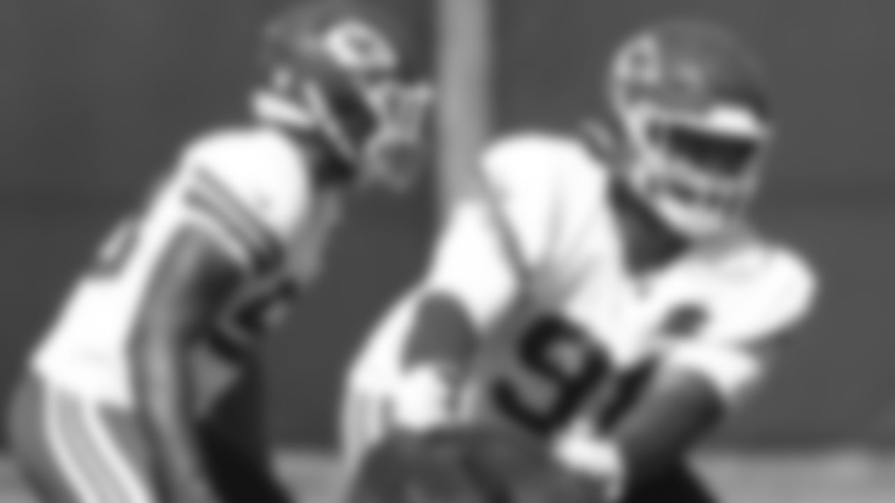 Kansas City Chiefs nose tackle Derrick Nnadi (91) during practice at The University of Kansas Health System Training Complex.