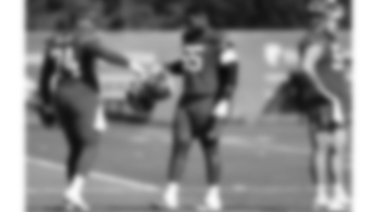 Kansas City Chiefs offensive tackle Jawaan Taylor (74) & offensive lineman Trey Smith (65) during in-season practice on Thursday, October 19, 2023 in Kansas City, MO.