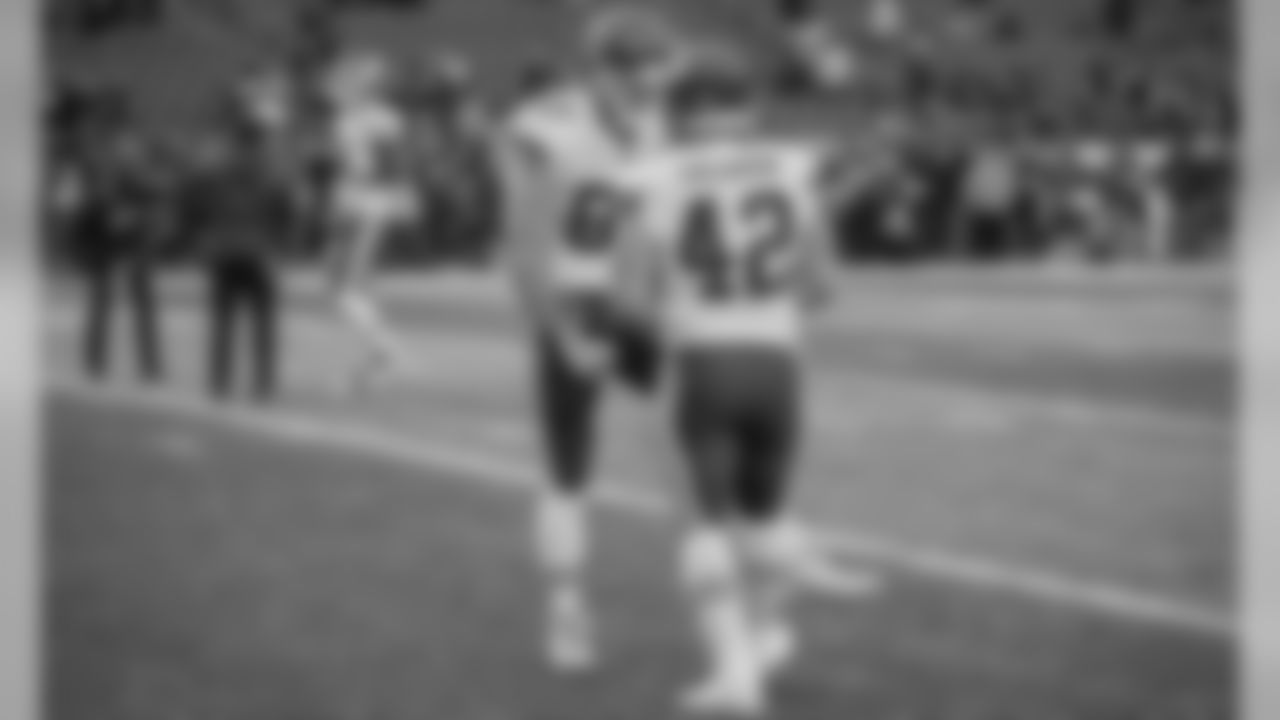 Kansas City Chiefs Tight End Travis Kelce (87) and Fullback Anthony Sherman (42) prior to the game between the Kansas City Chiefs and the New England Patriots on December 8, 2019.