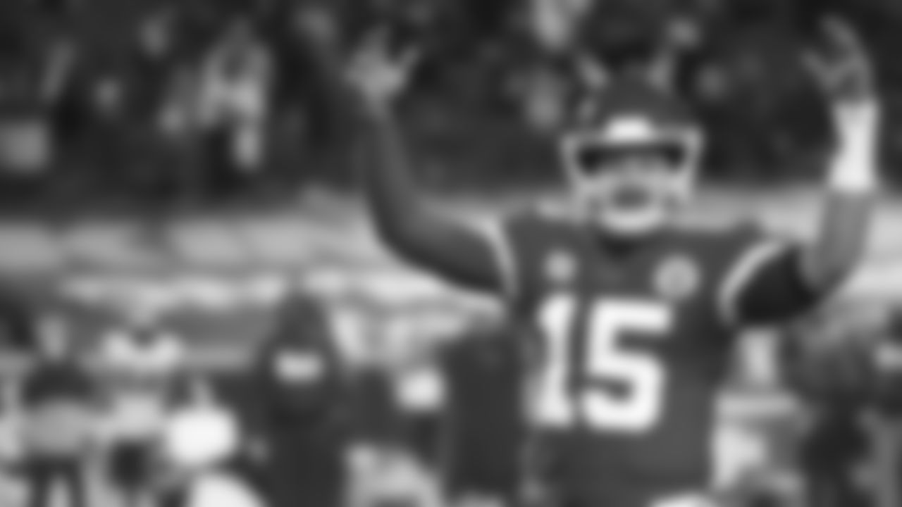 Kansas City Chiefs Quarterback Patrick Mahomes (15) starting to celebrate the win during an NFL AFC Championship Playoff game against the Buffalo Bills, Sunday, January 24, 2021 in Kansas City. (Steve Sanders/Kansas City Chiefs)
