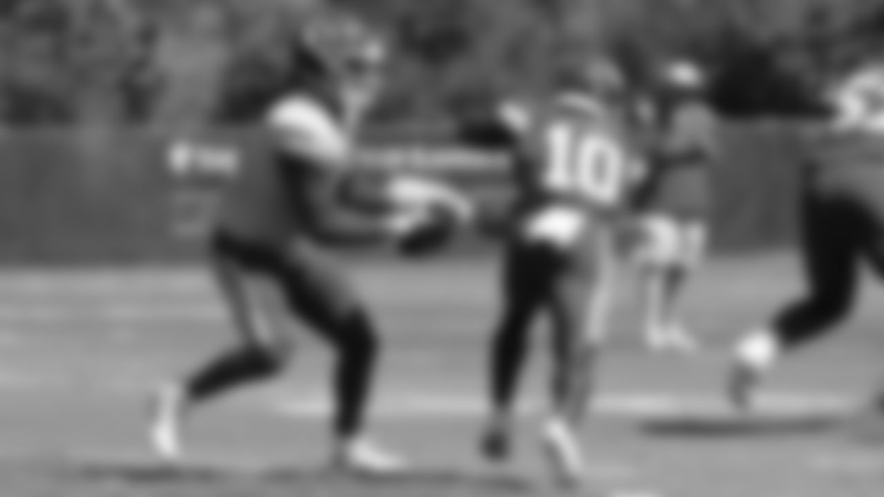 Kansas City Chiefs quarterback Patrick Mahomes (15) and wide receiver Tyreek Hill (10) during practice at the The University of Kansas Health System Training Complex.