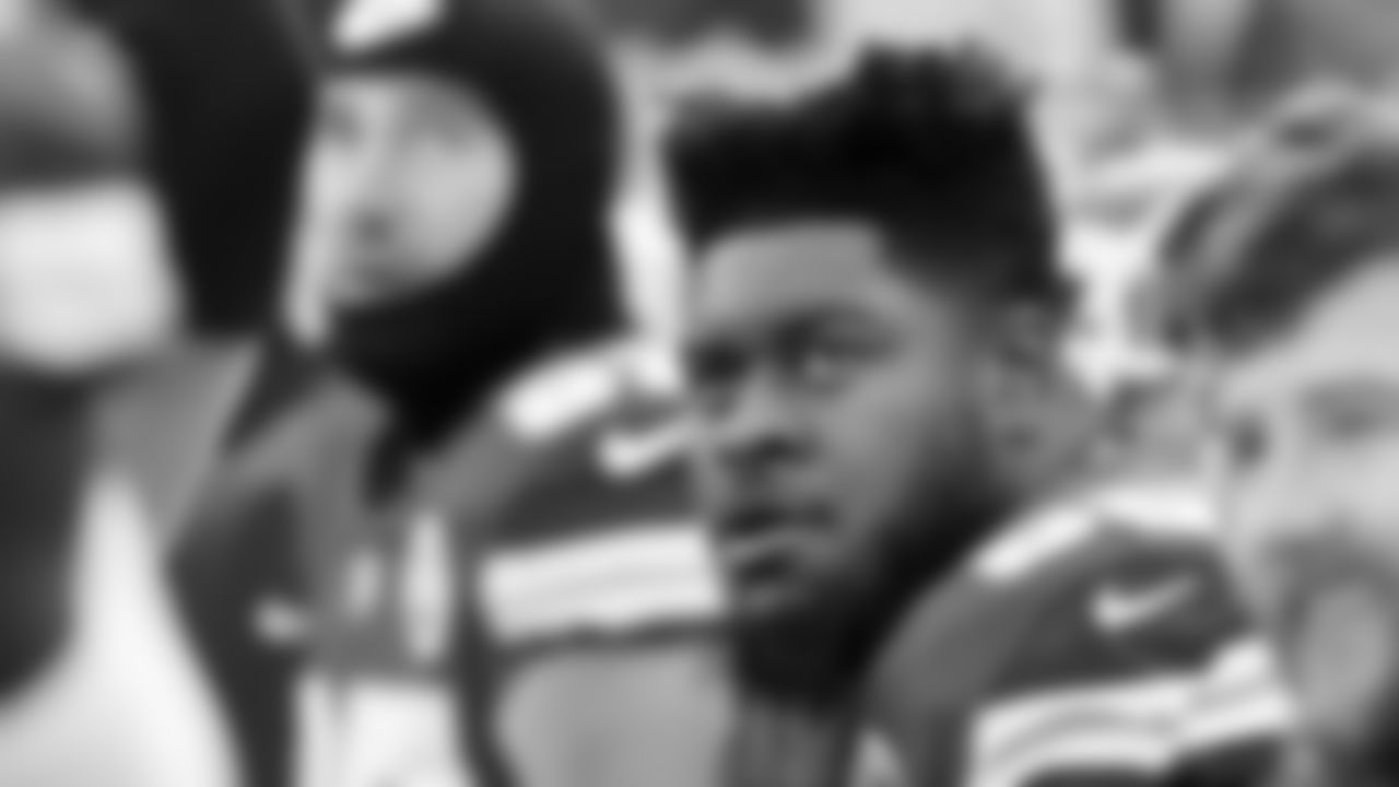 Kansas City Chiefs offensive guard Trey Smith (65) looks on during an NFL football game against the Seattle Seahawks, Saturday, December 24, 2022 in Kansas City.