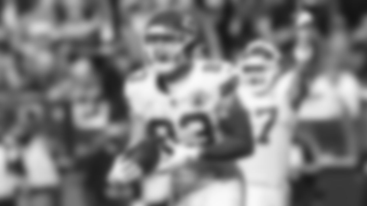 Kansas City Chiefs tight end Noah Gray (83) celebrates his first NFL touchdown during an NFL football game against the Las Vegas Raiders, Sunday, November 14, 2021 in Las Vegas.