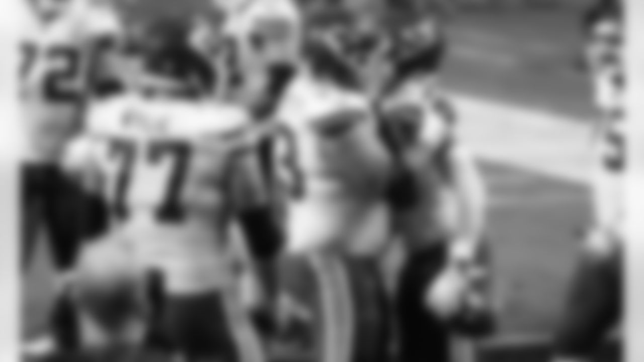 Kansas City Chiefs offensive guard Nick Allegretti (73) and running back Le'Veon Bell (26) during an NFL football game against the Las Vegas Raiders at Allegiant Stadium on November 22, 2020