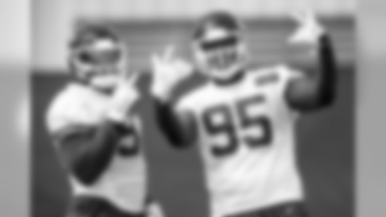 Kansas City Chiefs defensive end Allen Bailey (97) and Kansas City Chiefs defensive tackle Chris Jones (95) during practice on 10/4/18