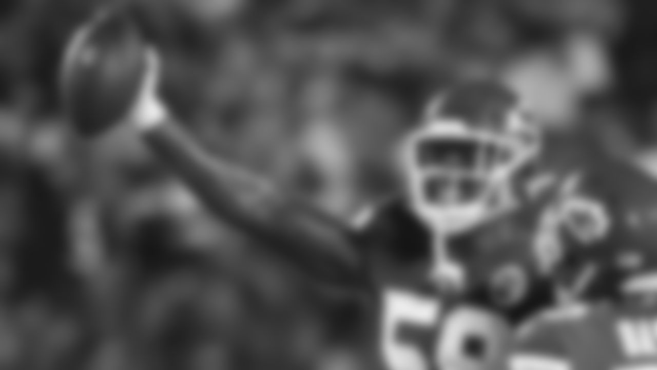Kansas City Chiefs defensive end Joshua Kaindoh (59) celebrates during an NFL preseason football game against the Minnesota Vikings, Friday, August 27, 2021 in Kansas City.