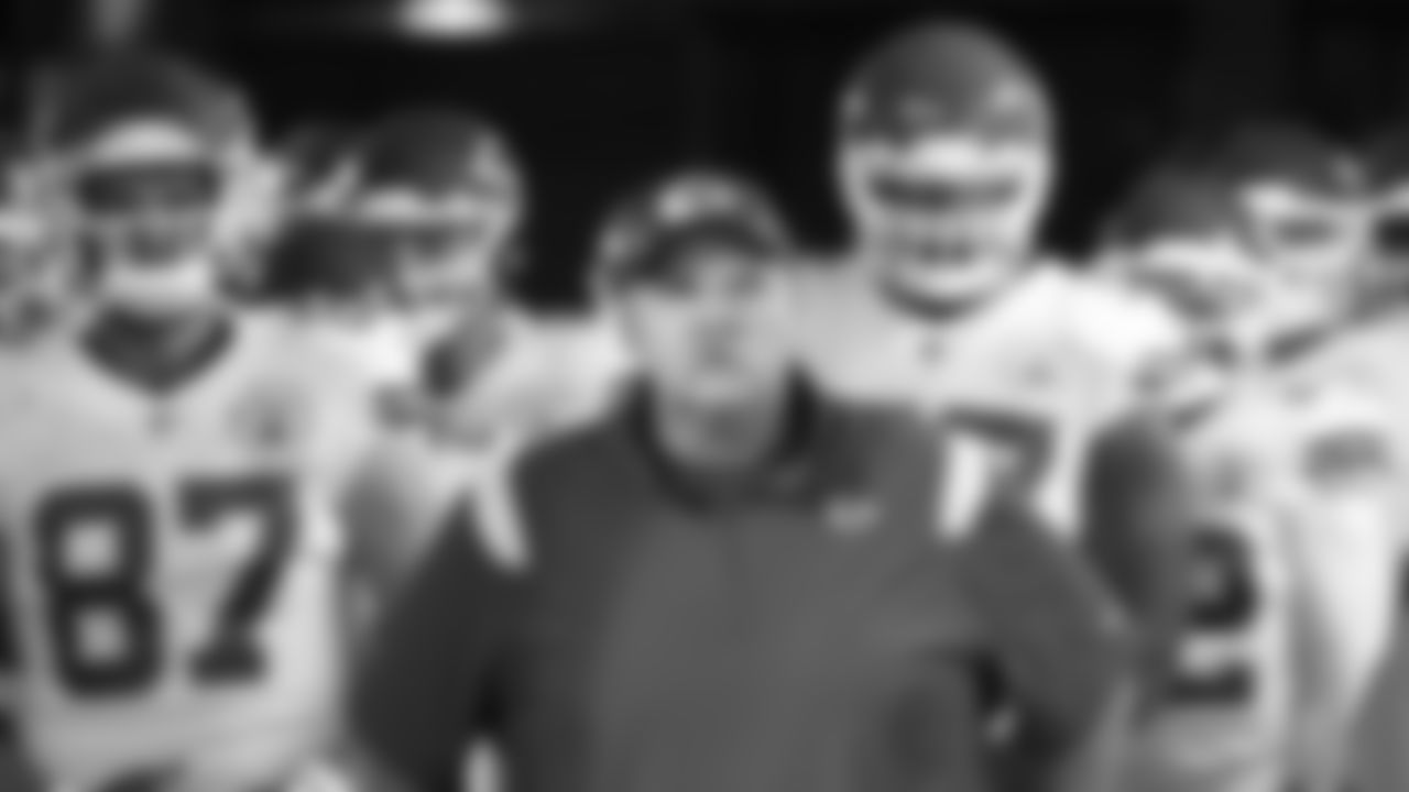 Kansas City Chiefs Head Coach Andy Reid with the team prior to an NFL football game against the Las Vegas Raiders, Sunday, November 14, 2021 in Las Vegas.