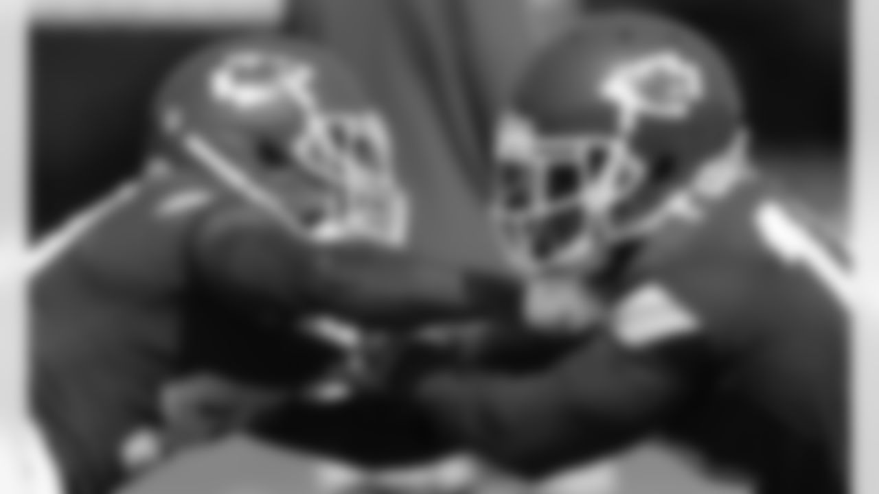 Kansas City Chiefs running back Derrick Gore (40) and wide receiver Cornell Powell (14) during rookie training camp at Missouri Western State University.