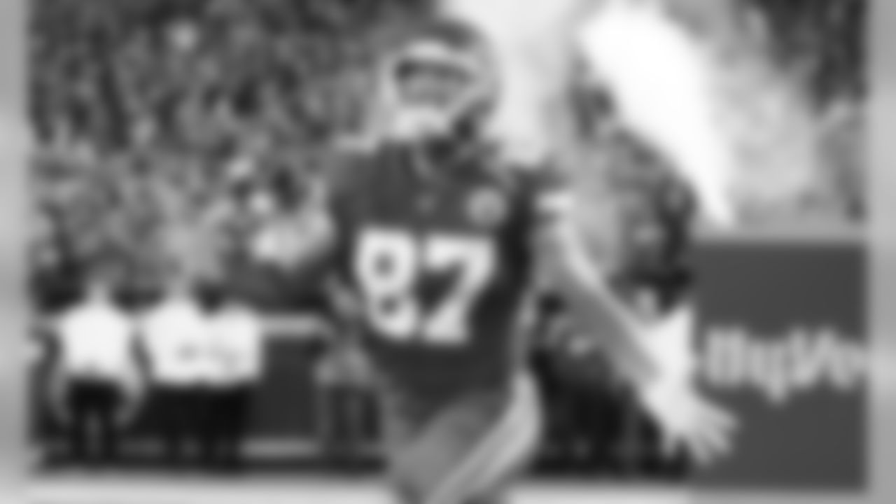 Kansas City Chiefs Tight End Travis Kelce (87) prior to the Sunday Night Football game between the Kansas City Chiefs and the Indianapolis Colts at Arrowhead Stadium on October 6, 2019.