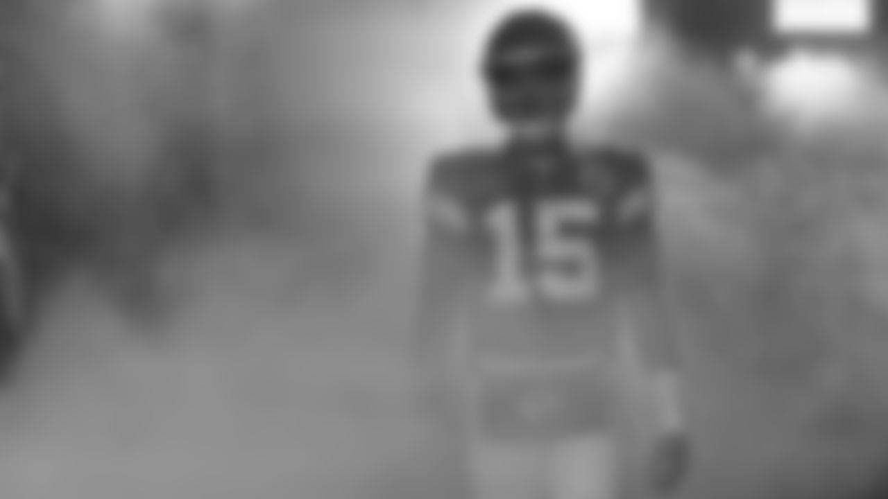 Kansas City Chiefs quarterback Patrick Mahomes (15) waits to take the field during run-outs prior to an NFL football game against the Jacksonville Jaguars, Saturday January 21, 2023 in Kansas City.