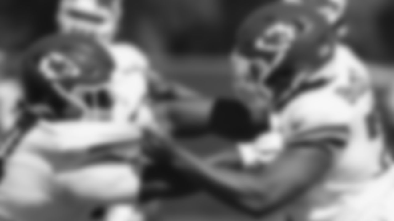 Kansas City Chiefs nose tackle Derrick Nnadi (91) and defensive tackle Cortez Broughton (79) during practice at The University of Kansas Health System Training Complex.