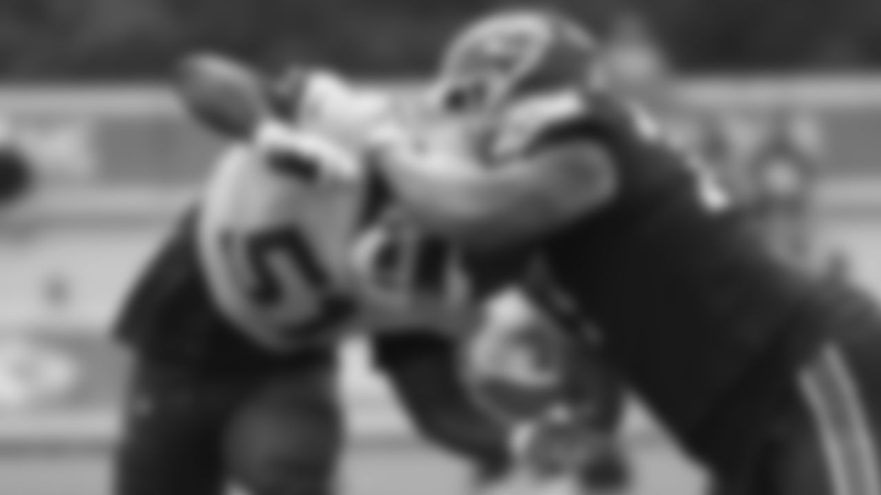Kansas City Chiefs defensive end Michael Danna (51) and offensive guard Nick Allegretti (73) during training camp at Missouri Western State University.