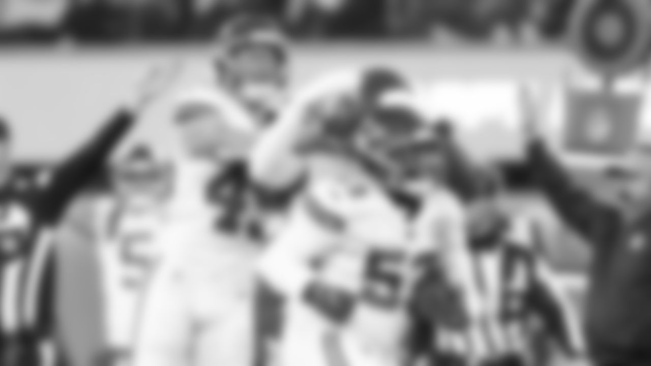 Kansas City Chiefs inside linebacker Anthony Hitchens (53) celebrates his interception during an NFL football game against the Los Angeles Chargers on Thursday, December 16, 2021 in Los Angeles.