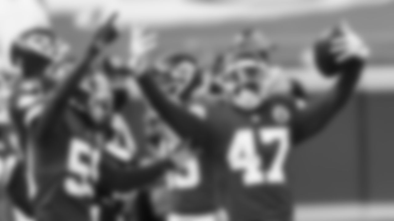 Kansas City Chiefs Linebacker Darius Harris (47) celebrates after returning a fumble during an NFL Football game against the Atlanta Falcons, Sunday December 27, 2020 in Kansas City.