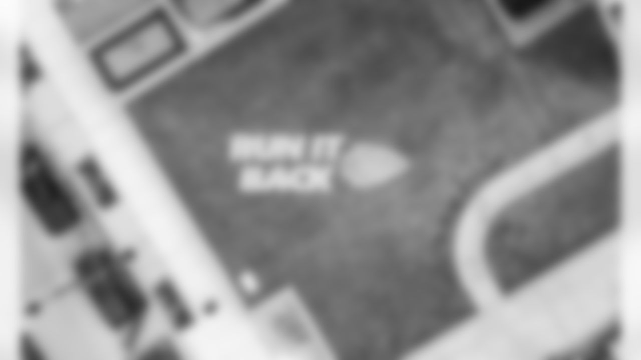 An aerial view of the Run It Back painting on the Jackson County Courthouse lawn in Kansas City, MO