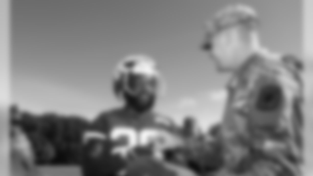 Military members Kansas City Chiefs Running Back Damien Williams (26) during a 2019 Training Camp practice at Missouri Western State University in St. Joseph, MO