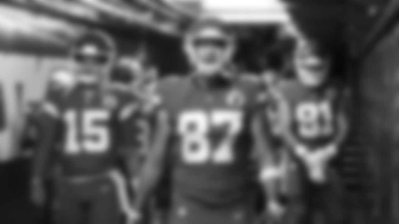 Kansas City Chiefs quarterback Patrick Mahomes (15) and tight end Travis Kelce (87) lead the team out of the tunnel prior to an NFL football game against the Buffalo Bills, Sunday, October 10, 2021 in Kansas City.