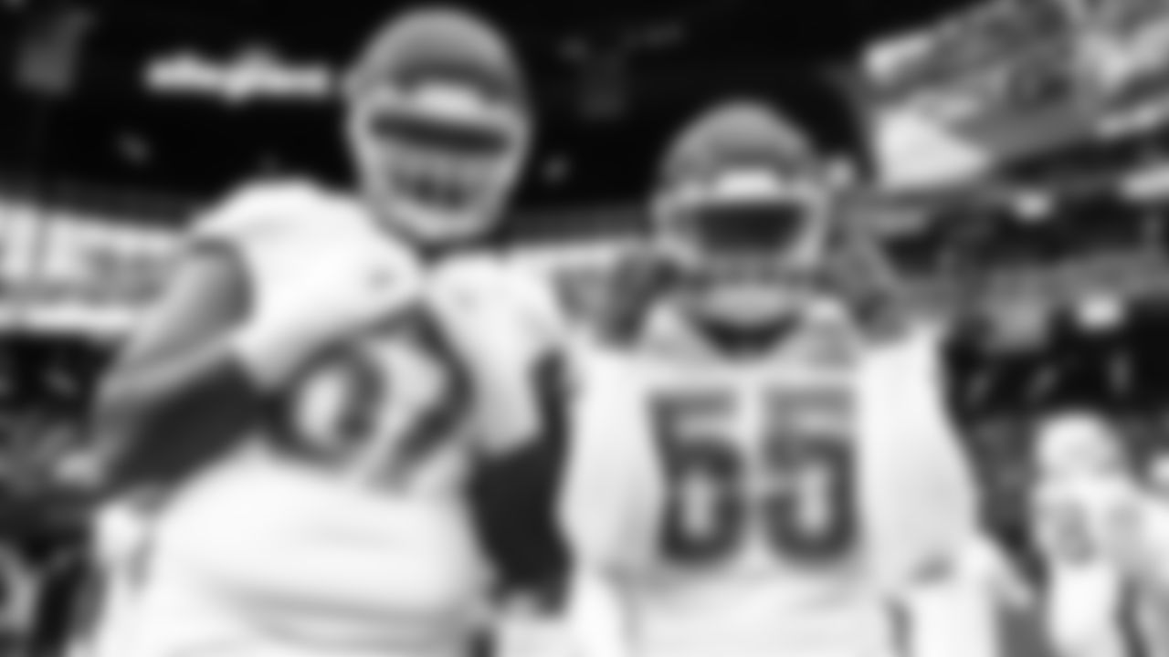 Kansas City Chiefs offensive tackle Orlando Brown (57) and defensive end Frank Clark (55) prior to the 2022 Pro Bowl at Allegiant Stadium in Las Vegas.